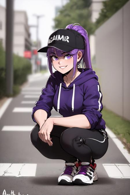 00043-787228813-(masterpiece, best quality_1.2), solo, 1girl, smile, looking at viewer, squatting, purple hair, ponytail, baseball cap, purple e.jpg